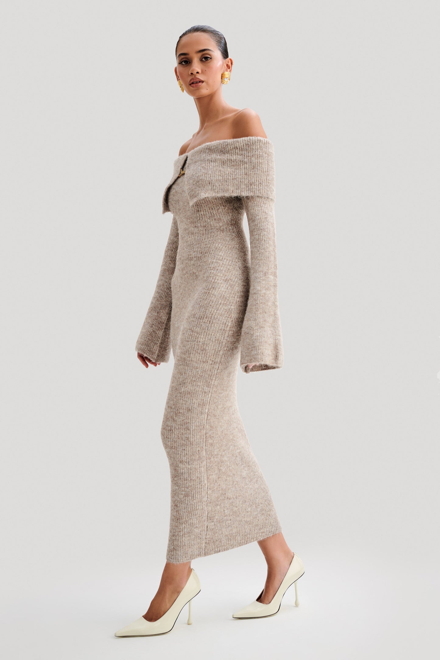 Off Shoulder Fluffy Knit Midi Dress