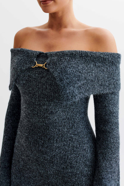 Off Shoulder Fluffy Knit Midi Dress