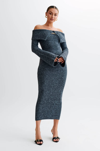 Off Shoulder Fluffy Knit Midi Dress