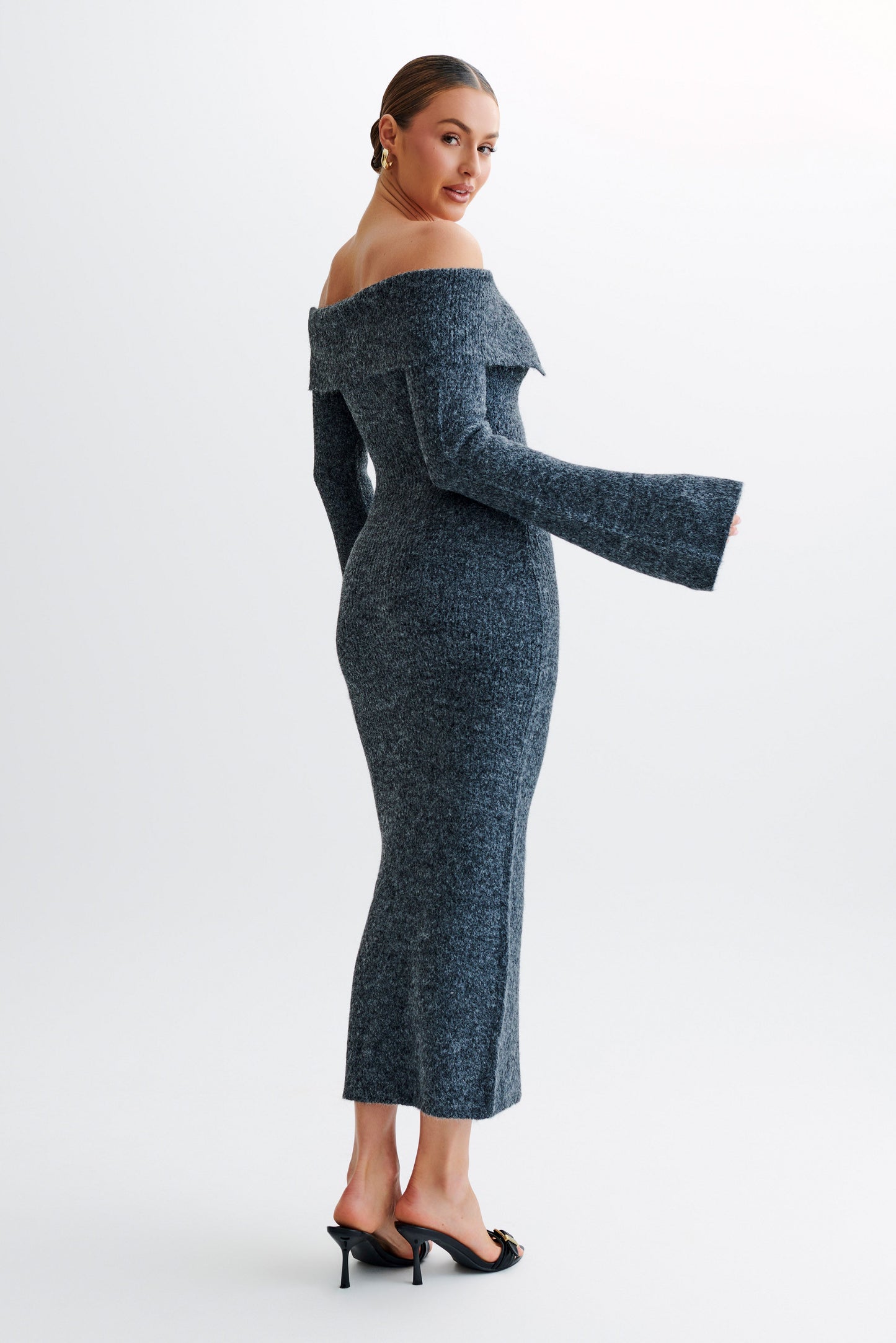 Off Shoulder Fluffy Knit Midi Dress