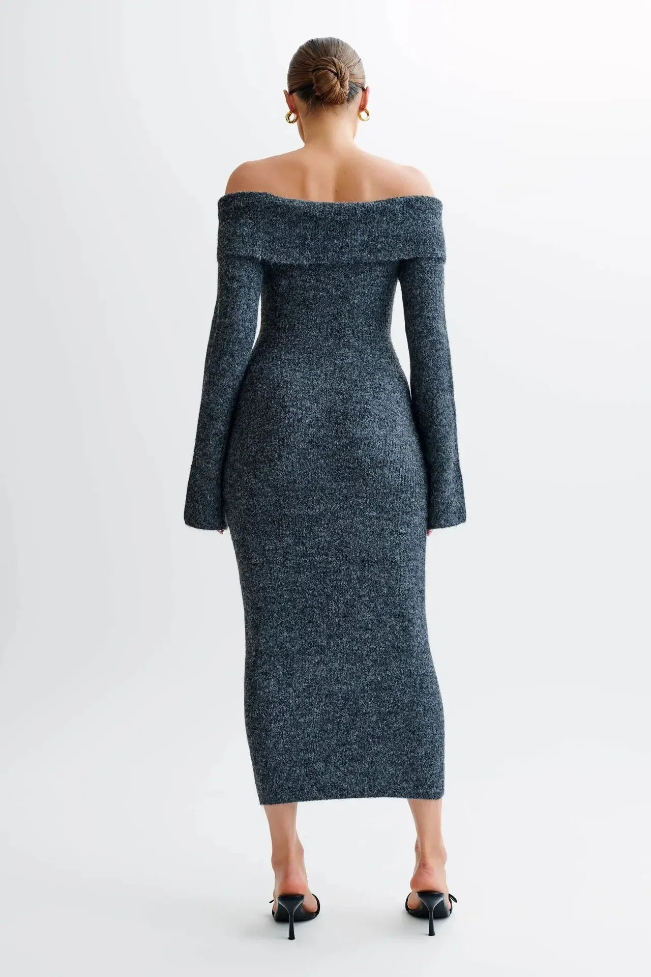 Off Shoulder Fluffy Knit Midi Dress